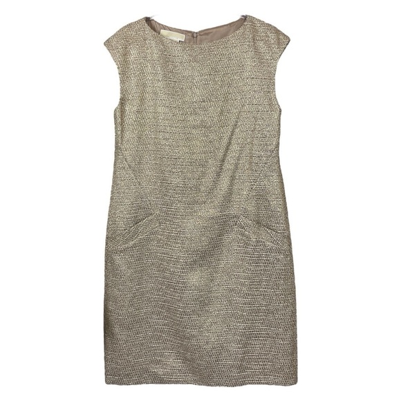 Michael Kors Italy Tweed Silk Metallic Blend Cocktail Dress Gold Beige Size 6 - Picture 1 of 10